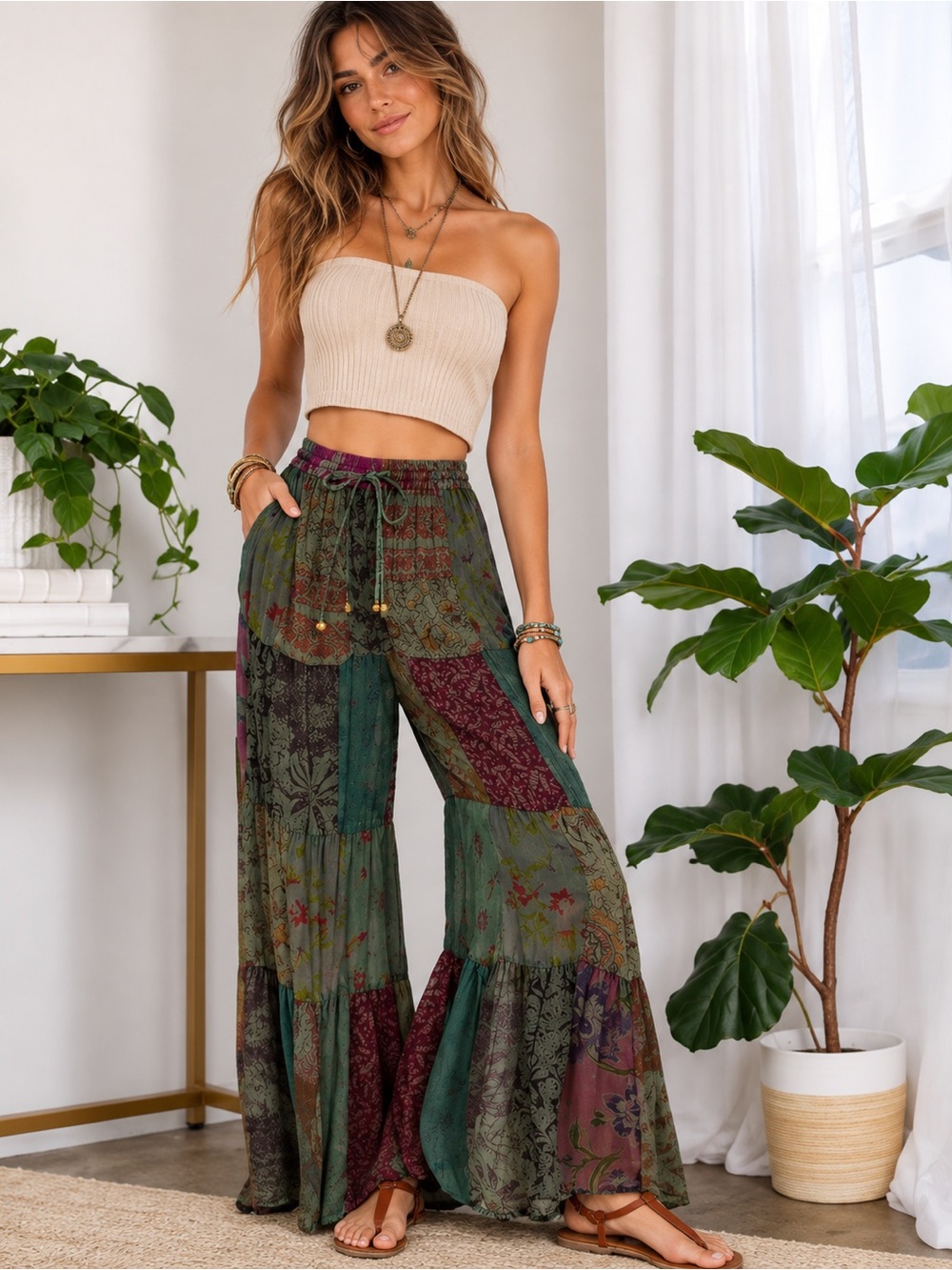NWT Young Threads Retro Revival Long Flared Patchwork Pants Sz M